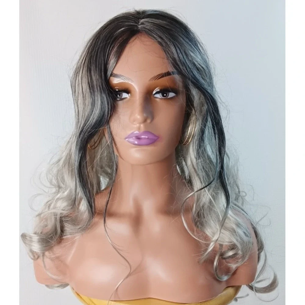 Curly Wavy Long synthetic Black Gray Silver Highlights middle Part‎ hair wig 27